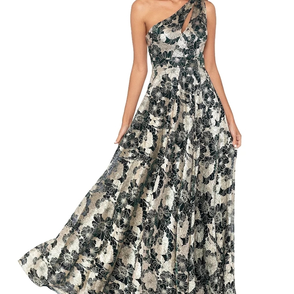 Betsy & Adam One-Shoulder Floral Black, Metallic, Wedding, Formal Dress Size 8